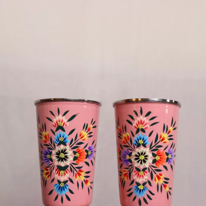 Pink Kashmiri Enamelware 4 Hand Painted Stainless Steel Glasses 3 jpg