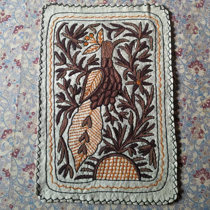 Peacock Namda Handmade Aari Embroidered Wool Rug 3x2 - Gyawun
