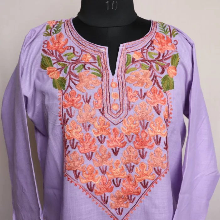 Kashmir Gallery Kashmiri Cotton Kurti for Women with Aari Embroidery | Summer Wear Traditional Designer Kurti for Women- Off White