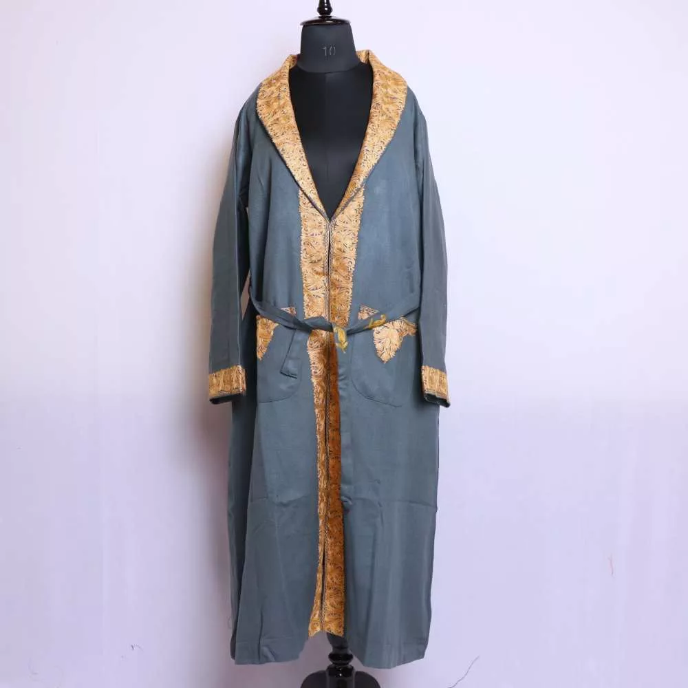 Grey Beige Kashmiri Bathrobe/Dressing Gown with Ari Embroidery - Neymat -  Gyawun