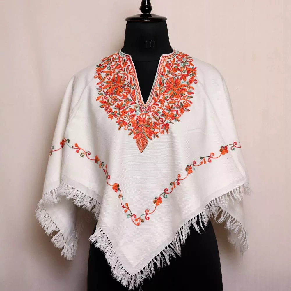 White Kashmiri Poncho Floral Diamond Aari Work Gyawun
