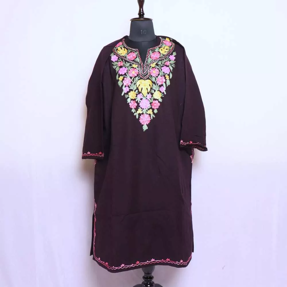Womens Black Kashmiri Floral Cashmilon Pheran Dress Aari Embroidery for  Winter Wear - Gyawun