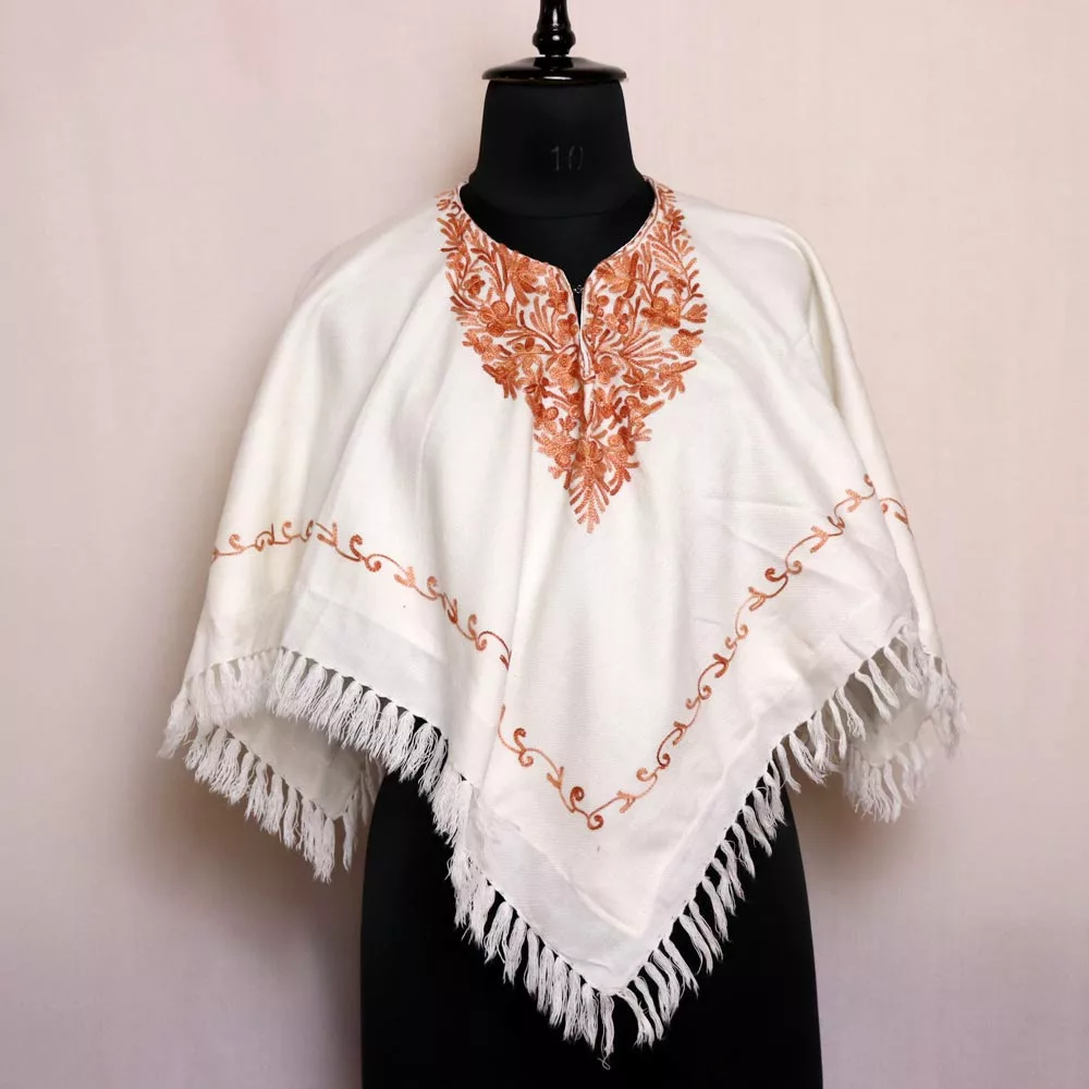 Kashmiri White Poncho Mehndi Aari Embroidery - Gyawun