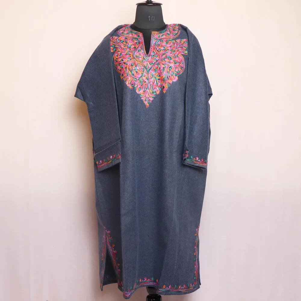 Zara Grey Kashmiri Aari Embroidered Tweed Pattu- Warm Pheran for Women - Gyawun Zara Grey Kashmiri Aari Embroidered Tweed Pattu- Warm Pheran for Women - Gyawun