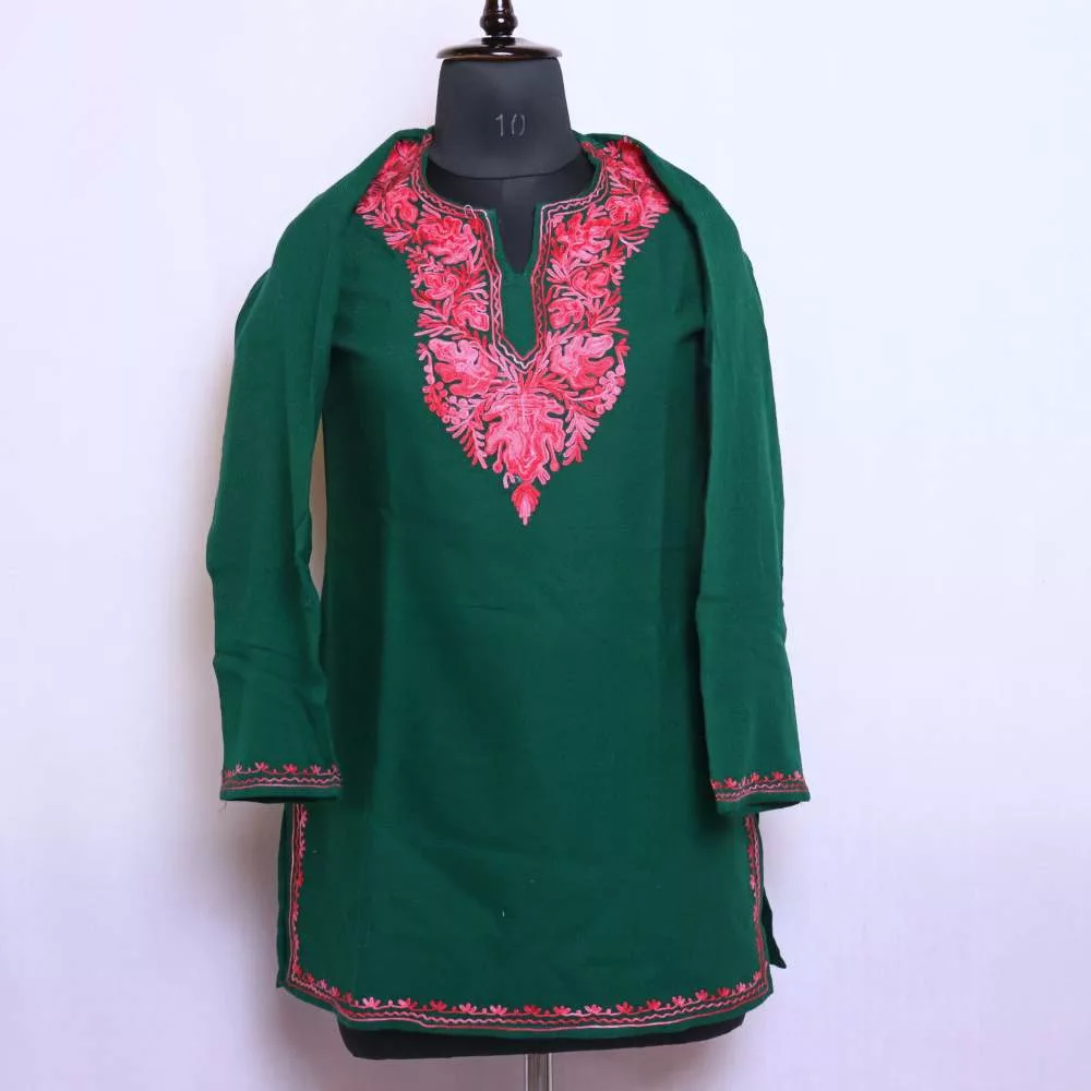 Kashmiri Dark Green Short Kurta For Winter Wear Kashmir Aari Work 40 31.5 Cashmere Kurta Gyawun
