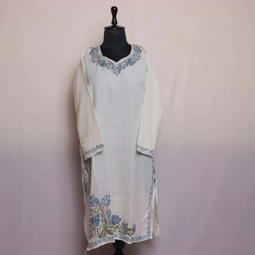Aisha Kashmiri White Summer Cool Aari Embroidered Kurti Gyawun