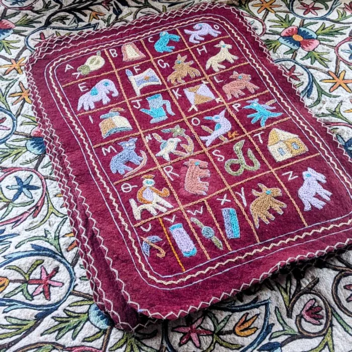 Dark Maroon Alphabet ABCD Kashmiri Hand Embroidered Pure Wool Namda ...