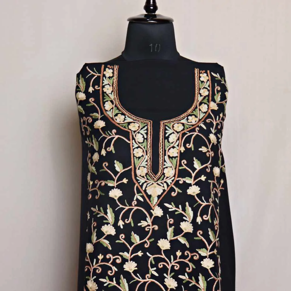 Black Spun Suit Fabric With Beautiful Jaali Hand Aari Embroidery | Samah -  Gyawun