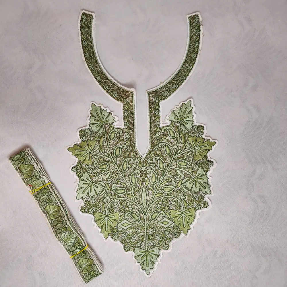 Kashmiri White and Green Needle Embroidered Patch with Lace