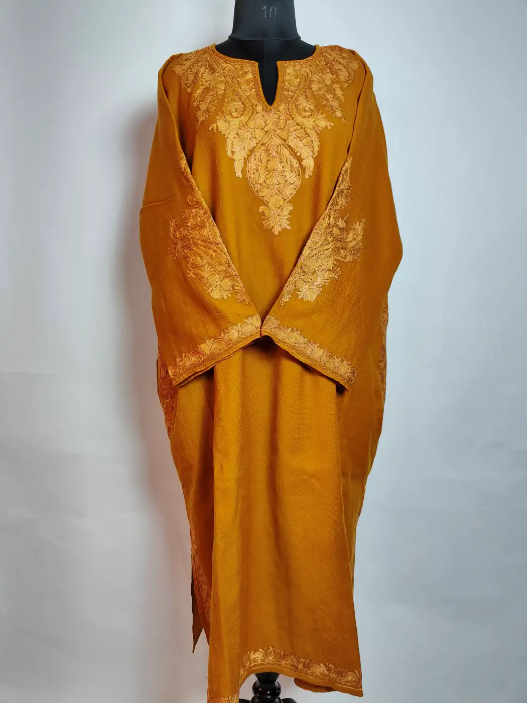 Farhana Yellow Aari and Zari Embroidered Pheran in Raffal Wool