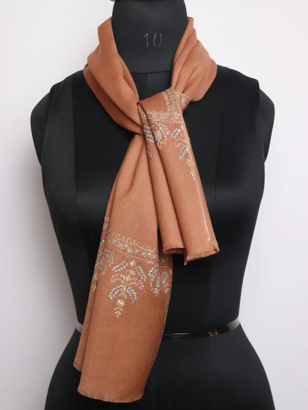 Brown Kashmiri Sozni Work Scarf or Muffler in Soft 64 Count Fabric