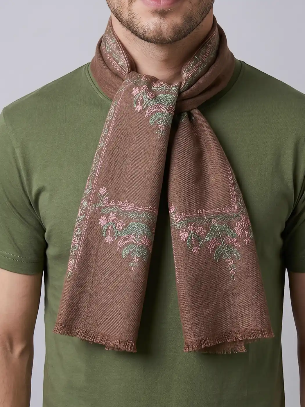 Shahtoor Brown Kashmiri 64 Count Muffler with Hand Sozni